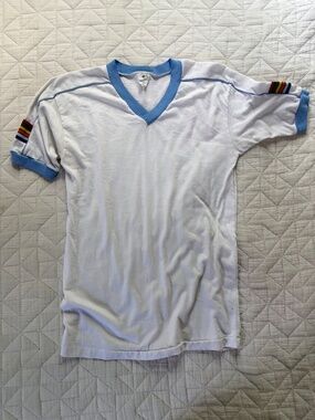 Super rare Vintage White V-neck with Rainbow accents